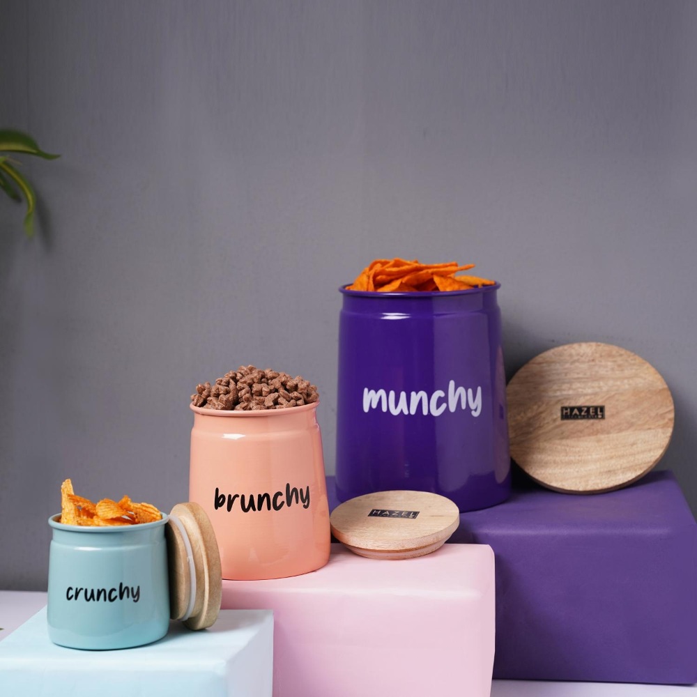 HAZEL Kitchen Containers set of 3 for Snacks | Munchy Brunchy Crunchy Snacks Jars Set with Lid, Purple, Peach & Teal, 2350 ML, 650 ML, 225 ML