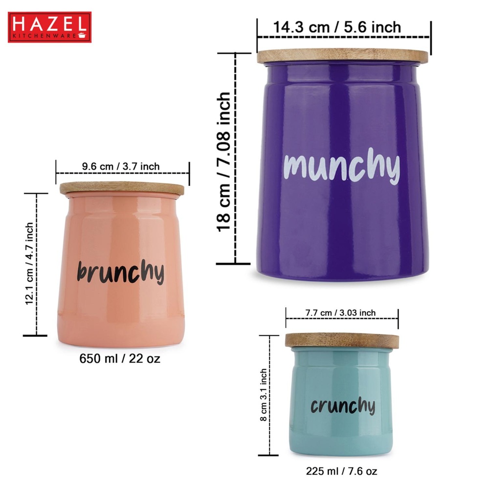 HAZEL Kitchen Containers set of 3 for Snacks | Munchy Brunchy Crunchy Snacks Jars Set with Lid, Purple, Peach & Teal, 2350 ML, 650 ML, 225 ML