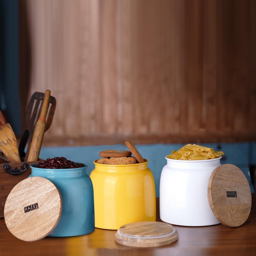 HAZEL Storage Container for Kitchen | Air Tight Container for Storage with Lid, Set of 3, Yellow, White & Blue, 2450 ML