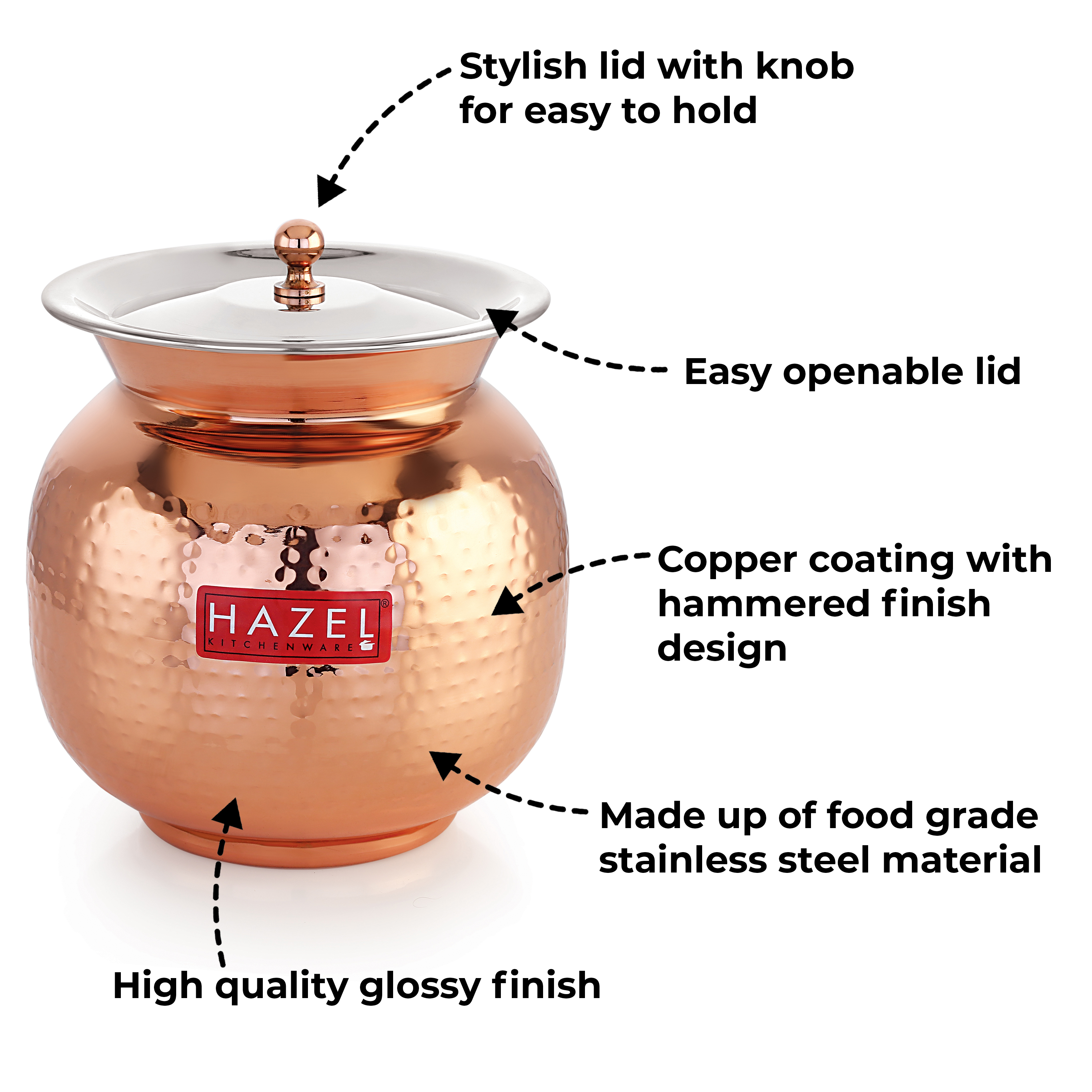 HAZEL Stainless Steel Containers for Kitchen with Lid | Copper Coating Containers for Storage, 1650 ML