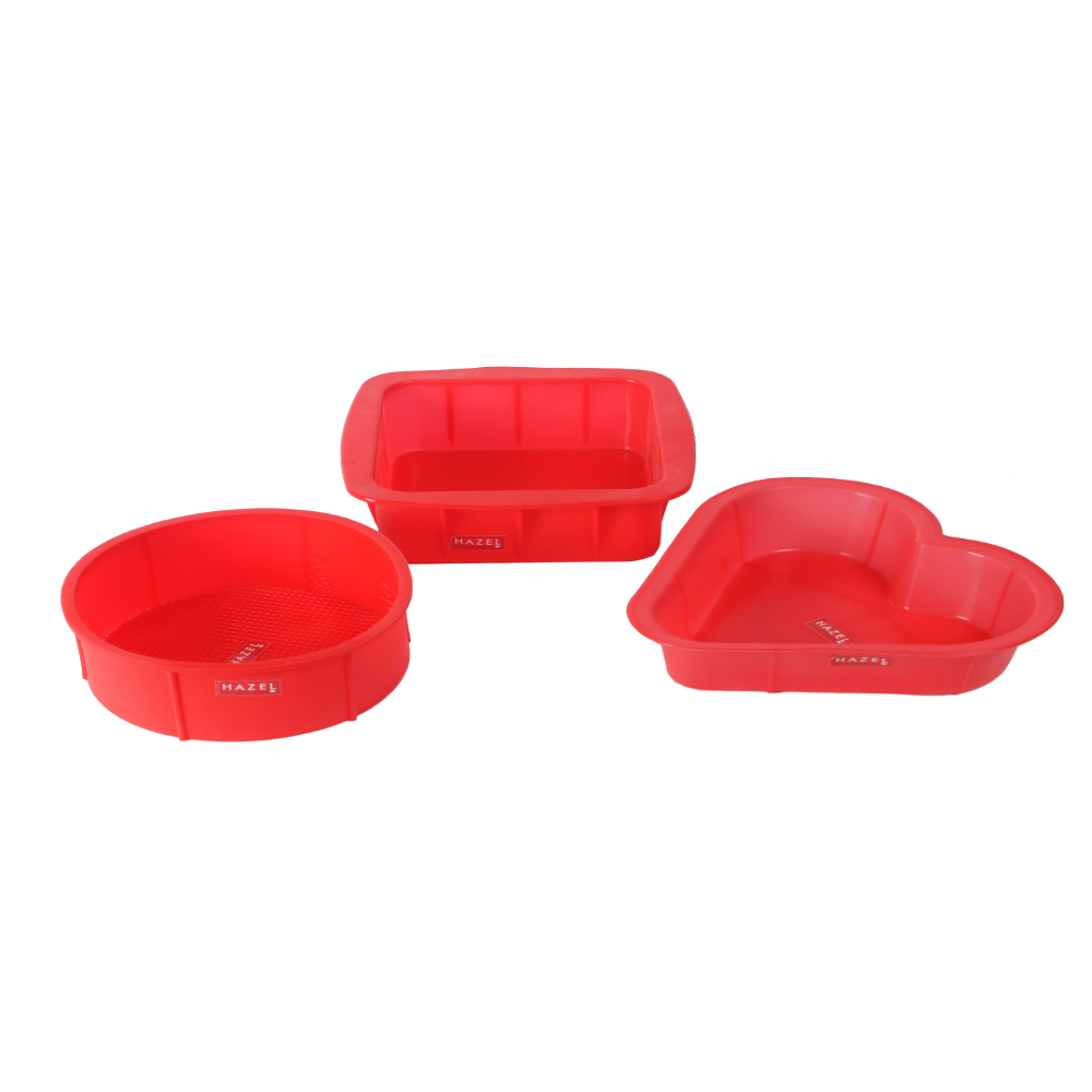 HAZEL Small Silicon Square, Round and Heart Shape Cake Mould for Half Kg, 3 Pcs, Red