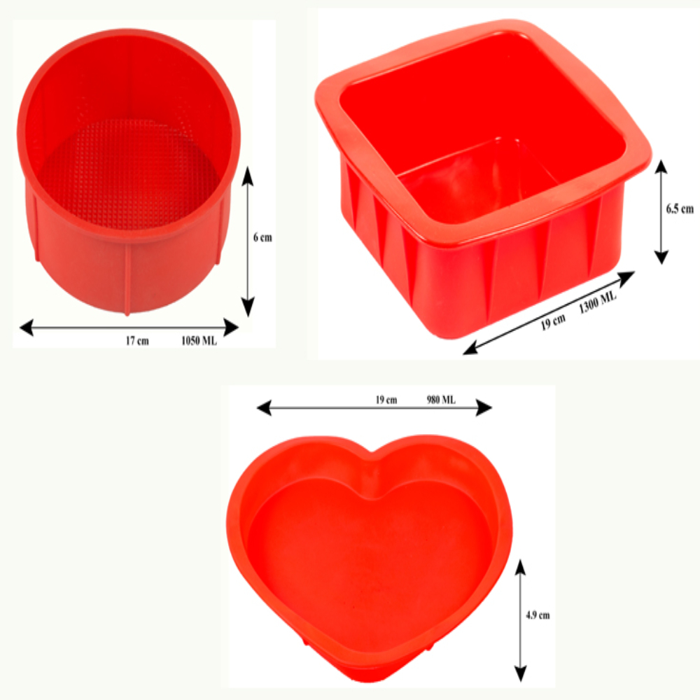 HAZEL Small Silicon Square, Round and Heart Shape Cake Mould for Half Kg, 3 Pcs, Red