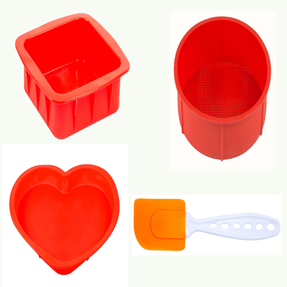 HAZEL Small Silicon 3 Pcs Square, Round and Heart Shape Cake Mould for Half Kg with Silicon Spatula