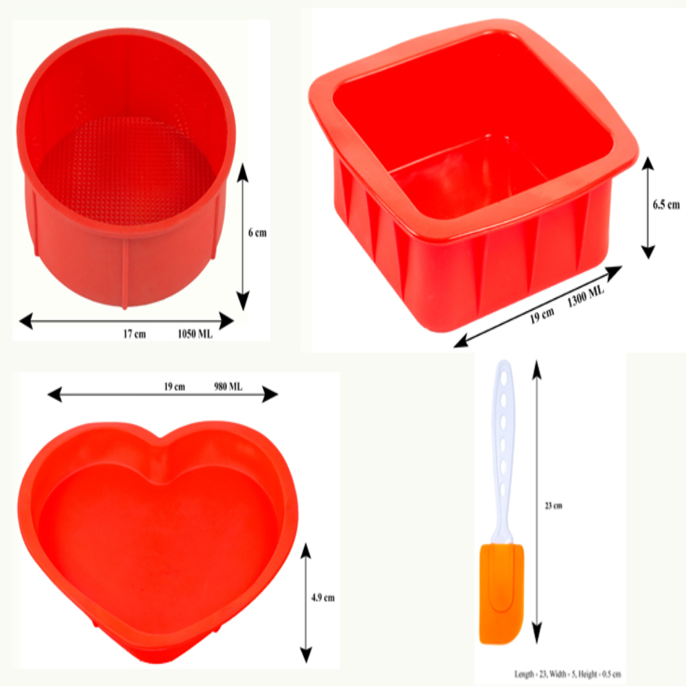 HAZEL Small Silicon 3 Pcs Square, Round and Heart Shape Cake Mould for Half Kg with Silicon Spatula