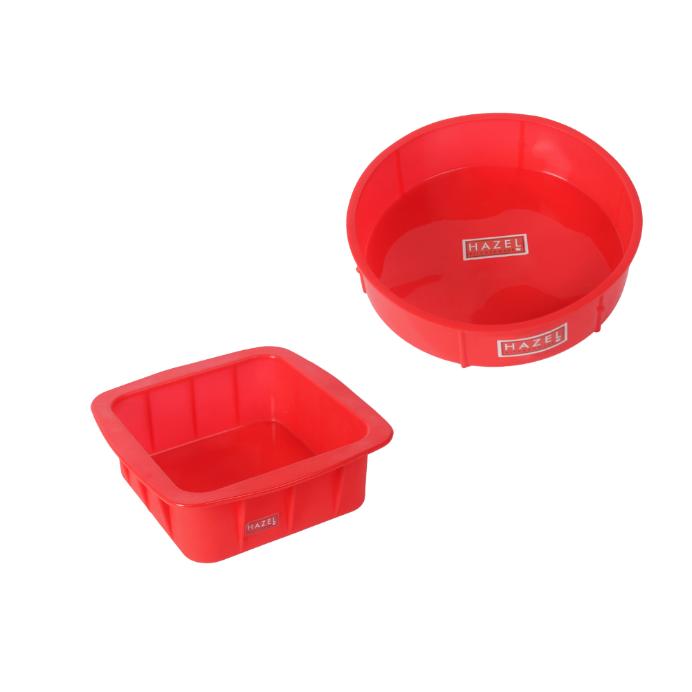 HAZEL Small Silicon Square and Round Shape Cake Mould for Half Kg, 2 Pcs, Red