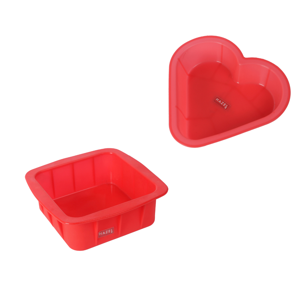 HAZEL Small Silicon Square and Heart Shape Cake Mould for Half Kg, 2 Pcs, Red