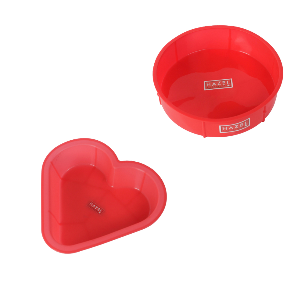 HAZEL Small Silicon Round and Heart Shape Cake Mould for Half Kg, 2 Pcs, Red