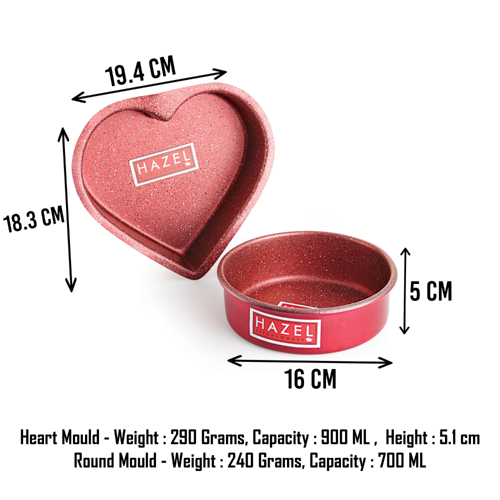 HAZEL Cake Mould Non Stick Mold Round 1/2kg And Heart 1/2kg Shaped Aluminized Steel 500 gm For Microwave Oven OTG Baking Pan Set of 2, Red