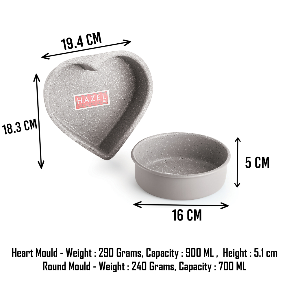 HAZEL Cake Mould Mold Set Round 1/2kg And Heart 1/2kg Shaped Aluminized Steel Non Stick Cake Mold 500 gm For Microwave Oven OTG Baking Pan Set of 2, Grey