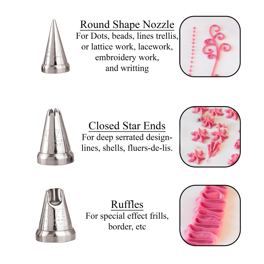 HAZEL Cake Nozzle Set of 3 | Nozzle Set For Cake |Cake Decorating Nozzle Set | Piping Bag Nozzle, (N2 Round Shape, N8 Closed Star Shape, N15 Ruffles Shape) Silver