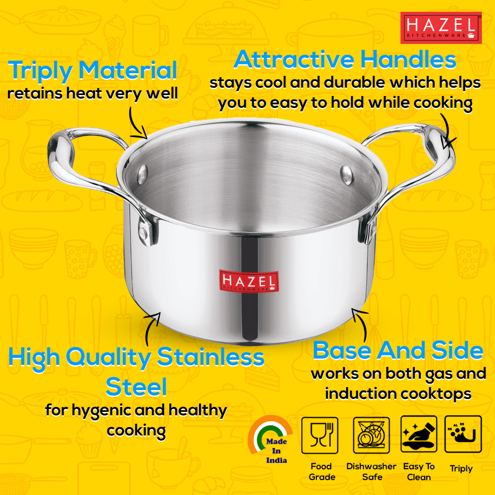 HAZEL Triply Stainless Steel Induction Bottom Cook and Serve Casserole With Stainless Steel Lid, 4.6 Litre, 22.5 cm