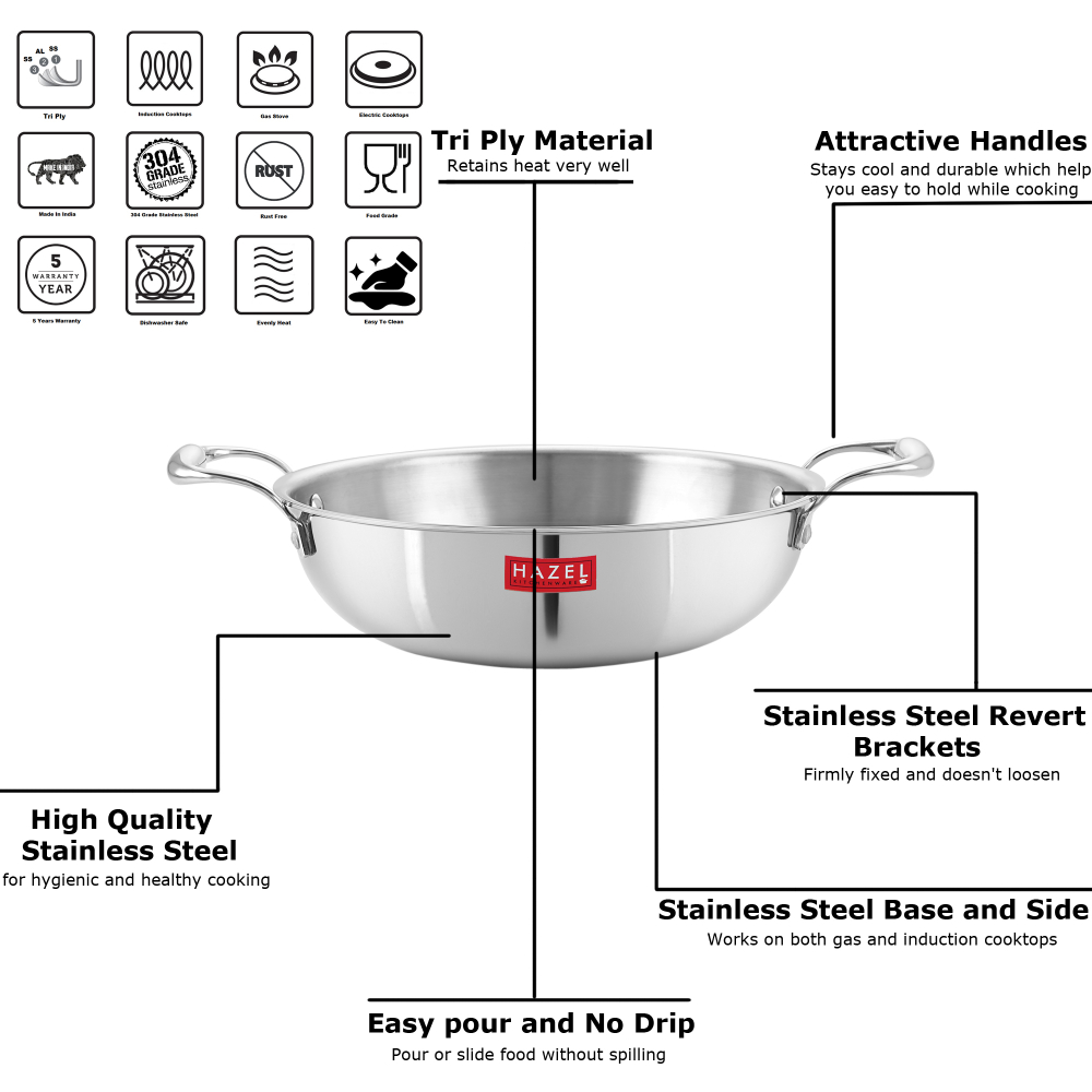 HAZEL Triply Stainless Steel Induction Bottom Kadhai and Tasra, 1.2 Litre, 18.5 cm