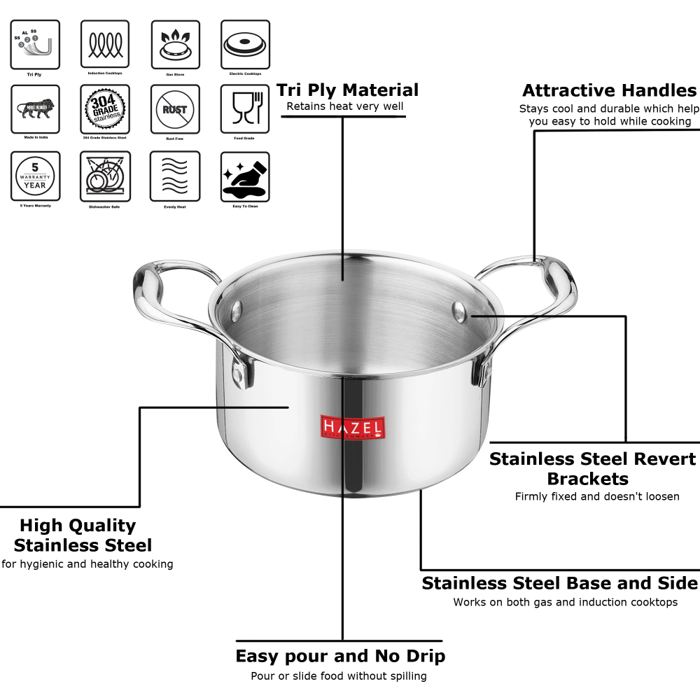 HAZEL Triply Stainless Steel Induction Bottom Tope With Handle and Tope With Stainless Steel Lid, 3.6 Litre, 20.5 cm