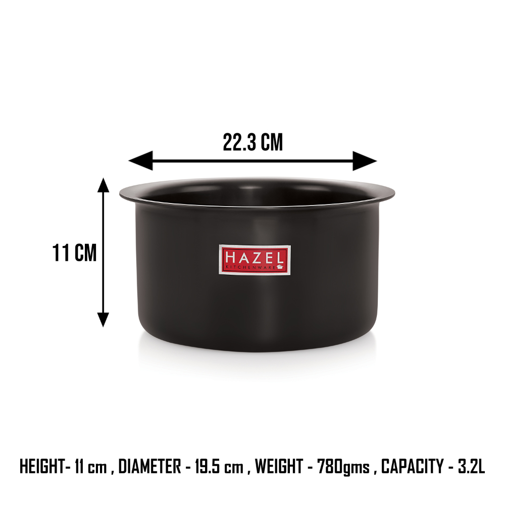 HAZEL Hard Anodised Tope Patila 3mm Aluminium Anodized Boiling Vessels Bhagona Dekchi, 3200 ml, 19.5 cm, Black