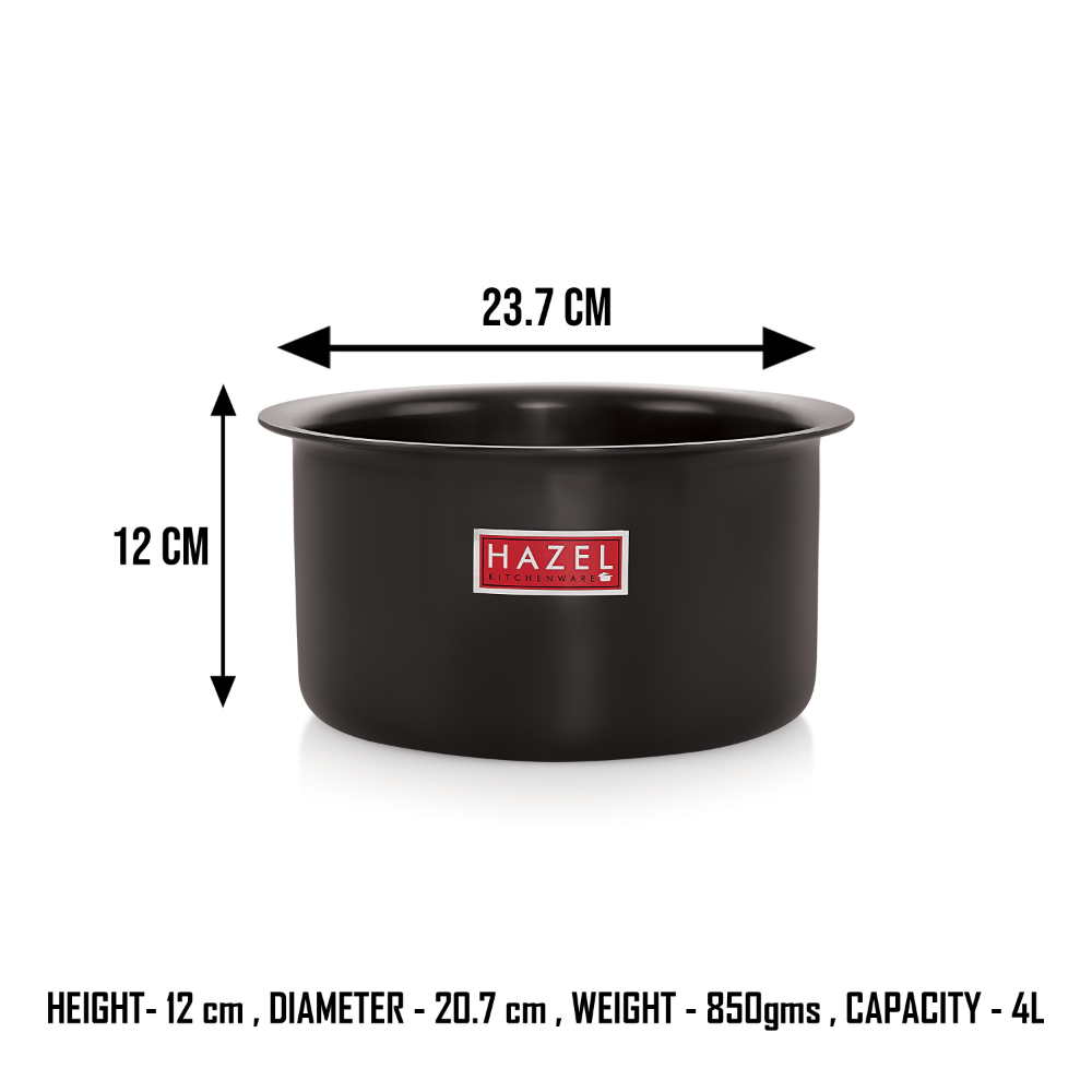 HAZEL Hard Anodised Tope Patila 3mm Aluminium Anodized Boiling Vessels Bhagona Dekchi, 4000 ml, 20.7 cm, Black