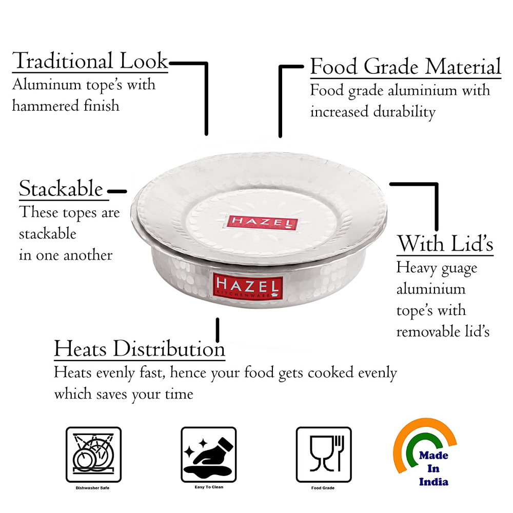 HAZEL Aluminium Langdi Patila Pot With Lid Hammered Finish Round Bottom Boiling Tope Vessels Bhagona Dekchi, Set of 3, 1700 ML to 2700 ML