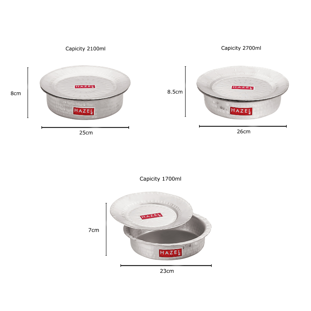 HAZEL Aluminium Langdi Patila Pot With Lid Hammered Finish Round Bottom Boiling Tope Vessels Bhagona Dekchi, Set of 3, 1700 ML to 2700 ML