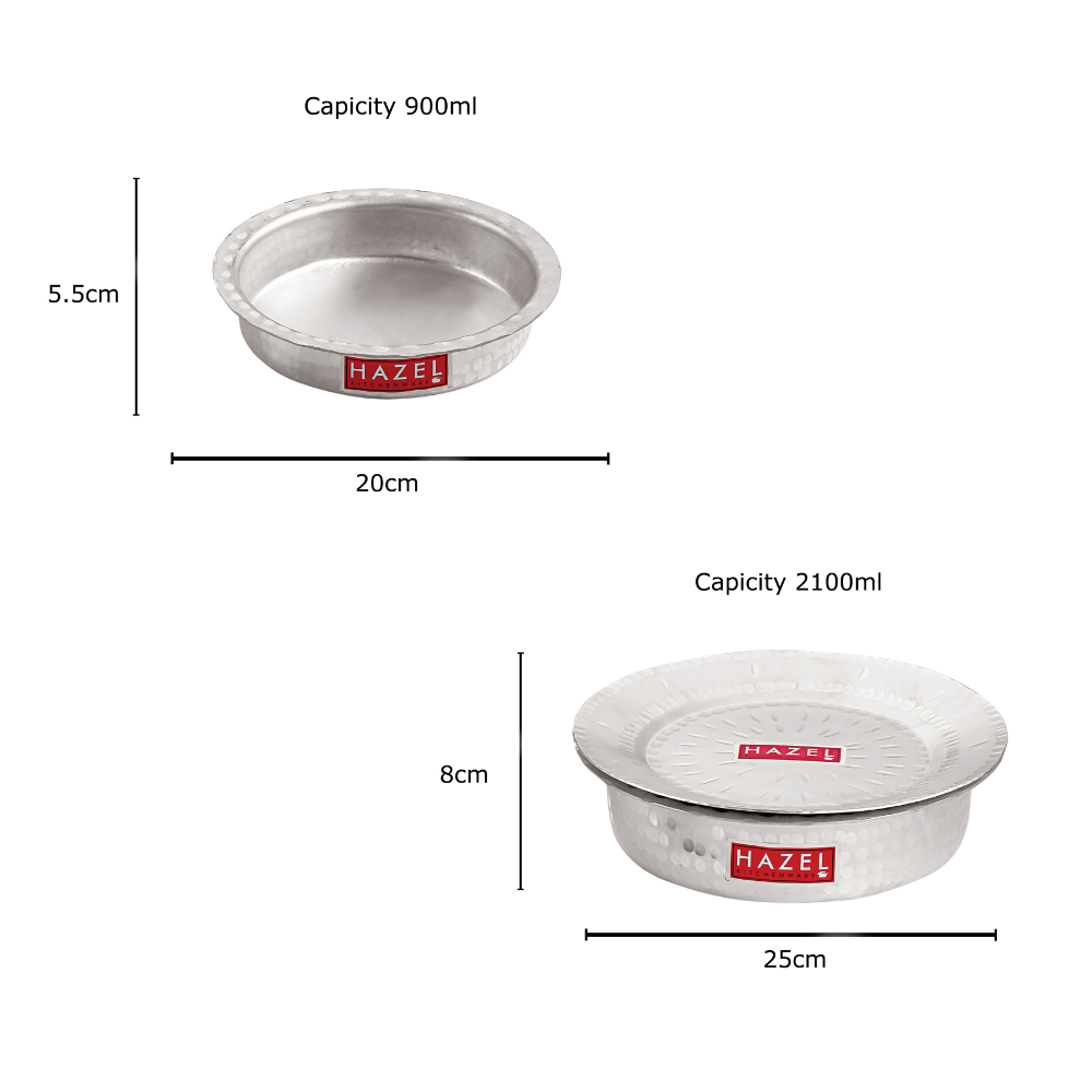 HAZEL Aluminium Langdi Patila Pot With Lid Hammered Finish Round Bottom Boiling Tope Vessels Bhagona Dekchi, Set of 2, 900 ML, 2100 ML