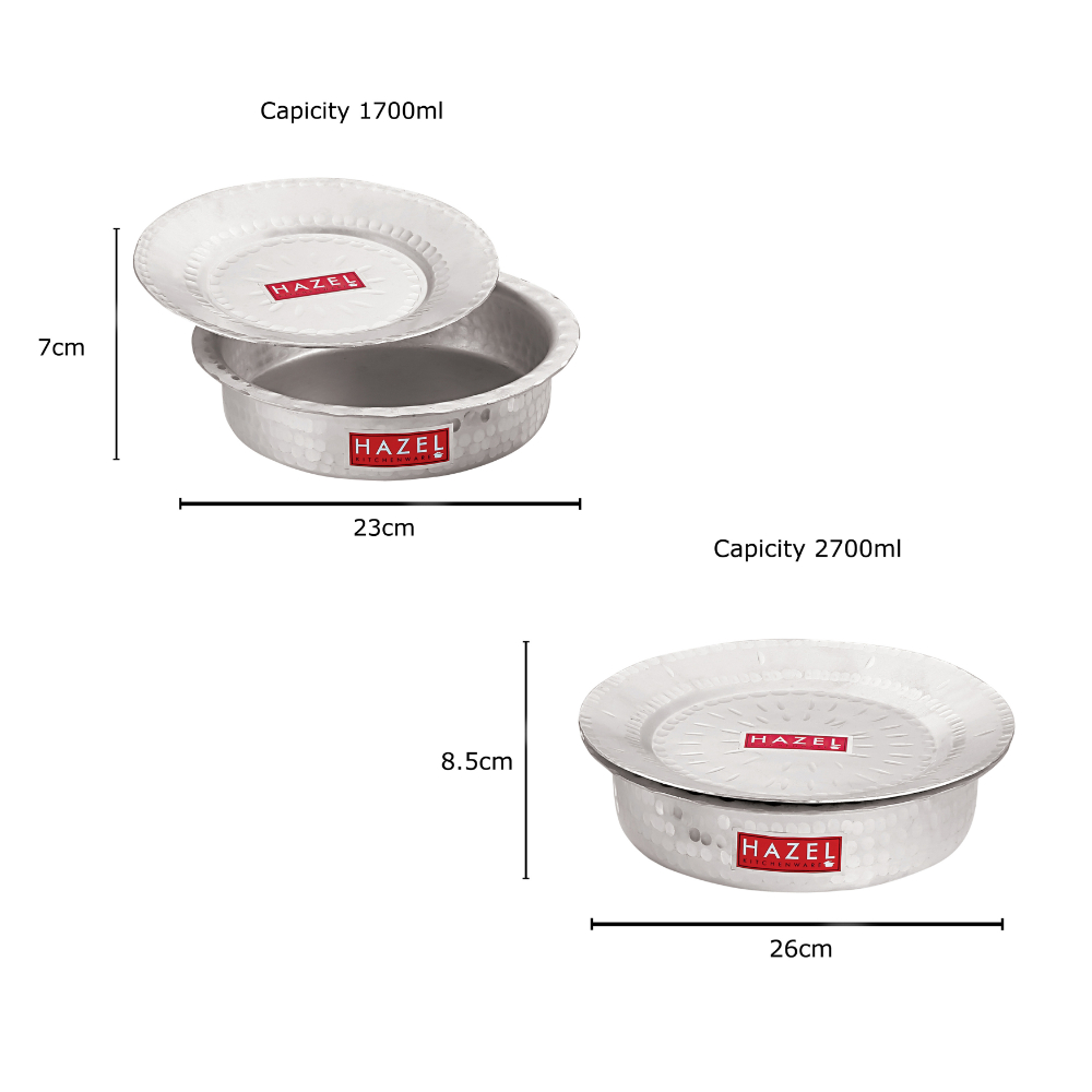 HAZEL Aluminium Langdi Patila Pot With Lid Hammered Finish Round Bottom Boiling Tope Vessels Bhagona Dekchi, Set of 2, 1700 ML, 2700 ML