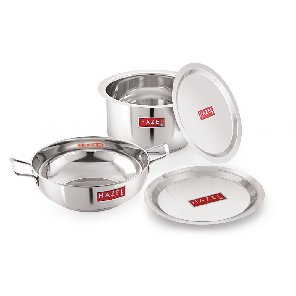 HAZEL Induction Base Cookware Set | Stainless Steel Induction Bottom Cookware Bartan Combo For Cooking (Kadhai, Tope, 2 Steel Lid Cover) 4 Pieces, 3100, 2500 ML,Silver