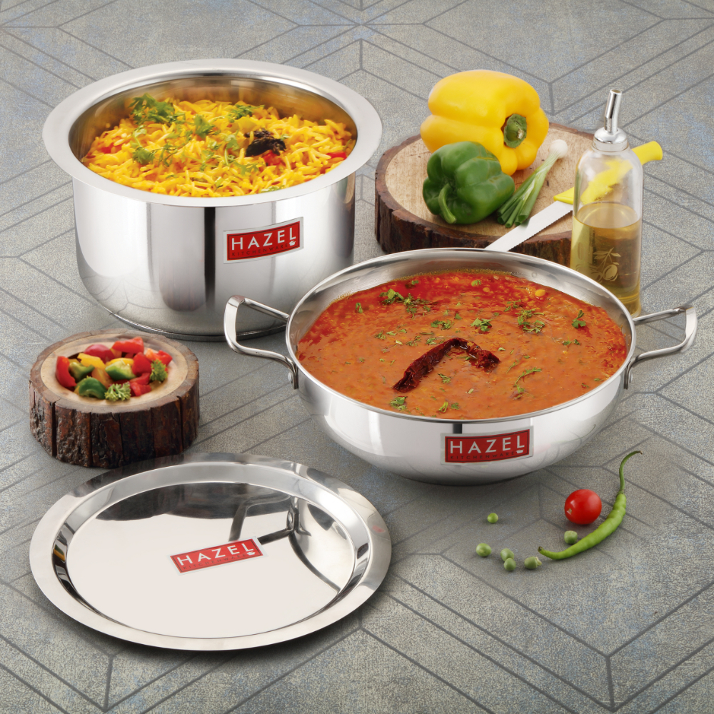 HAZEL Induction Base Cookware Set | Stainless Steel Induction Bottom Cookware Bartan Combo For Cooking (Kadhai, Tope, 2 Steel Lid Cover) 4 Pieces, 3100, 2500 ML,Silver