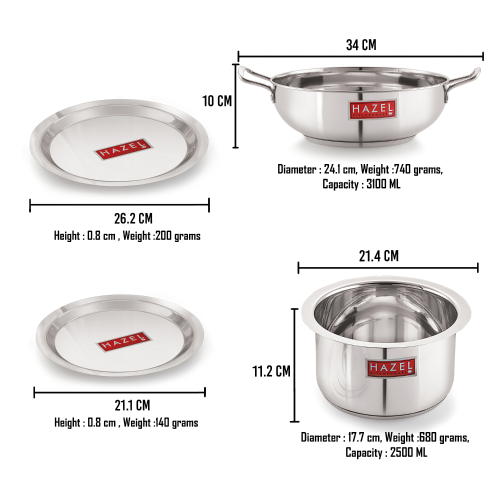 HAZEL Induction Base Cookware Set | Stainless Steel Induction Bottom Cookware Bartan Combo For Cooking (Kadhai, Tope, 2 Steel Lid Cover) 4 Pieces, 3100, 2500 ML,Silver