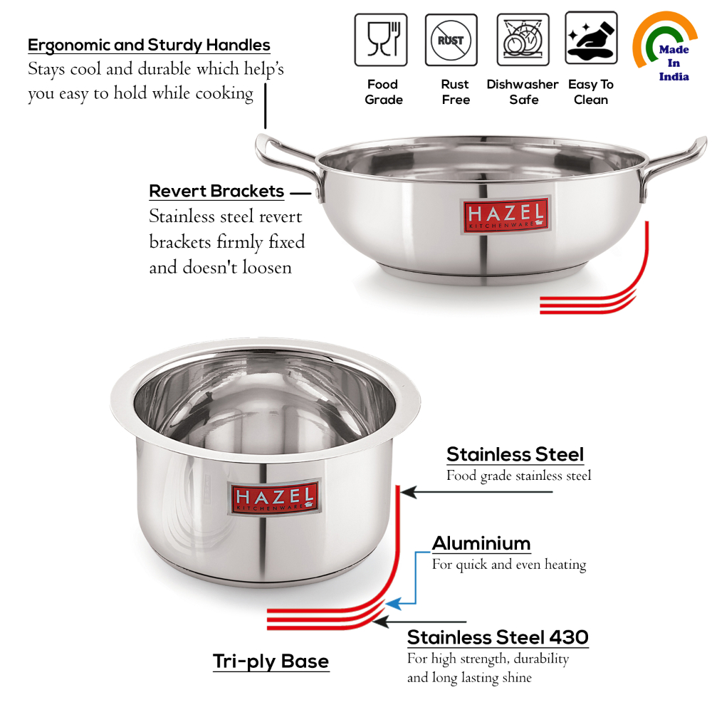 HAZEL Induction Base Cookware Set | Stainless Steel Induction Bottom Cookware Bartan Combo For Cooking (Kadhai, Tope, 2 Steel Lid Cover) 4 Pieces, 4600, 3900 ml, Silver