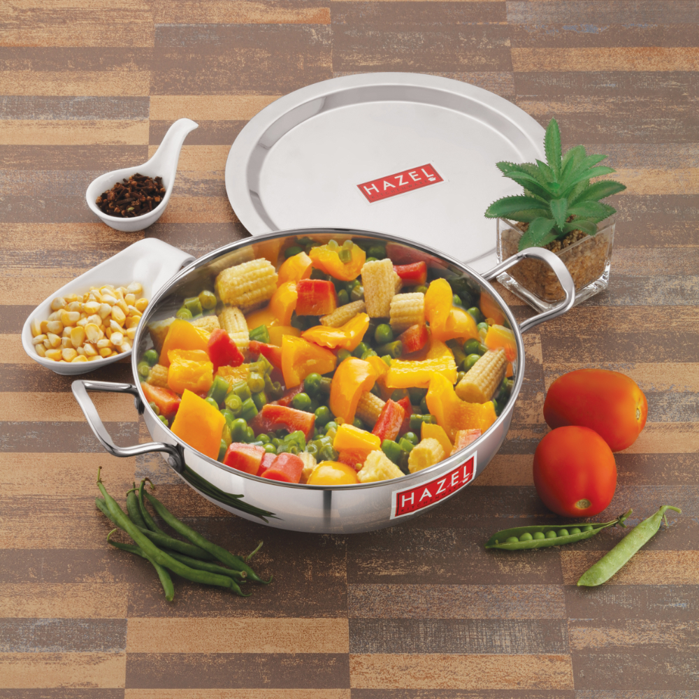 HAZEL Induction Base Kadai Kadhai | Stainless Steel Deep Karahi Induction Bottom Kadahi With Steel Lid Cover 26.2 cm Cookware Utensil, (Kadhai 24.1 cm, 3100 ml), Silver