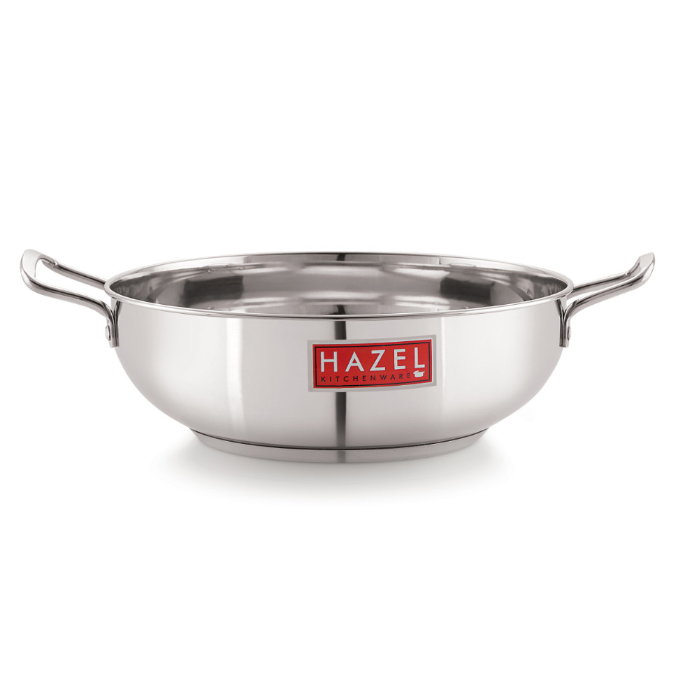 HAZEL Induction Base Kadai Kadhai | Stainless Steel Deep Karahi Induction Bottom Kadahi With Steel Lid Cover 26.2 cm Cookware Utensil, (Kadhai 24.1 cm, 3100 ml), Silver