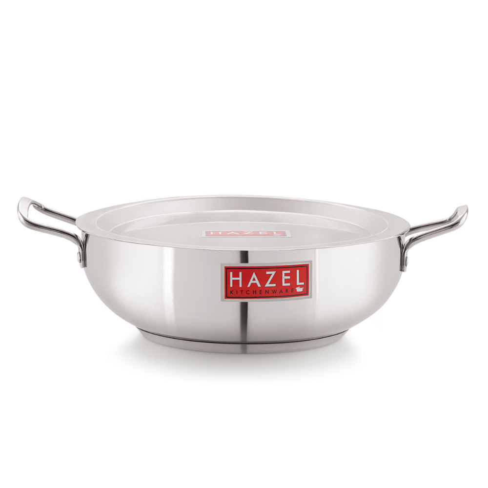 HAZEL Induction Base Kadai Kadhai | Stainless Steel Deep Karahi Induction Bottom Kadahi With Steel Lid Cover 27.6 cm Cookware Utensil, (Kadhai 26 cm, 3800 ml), Silver