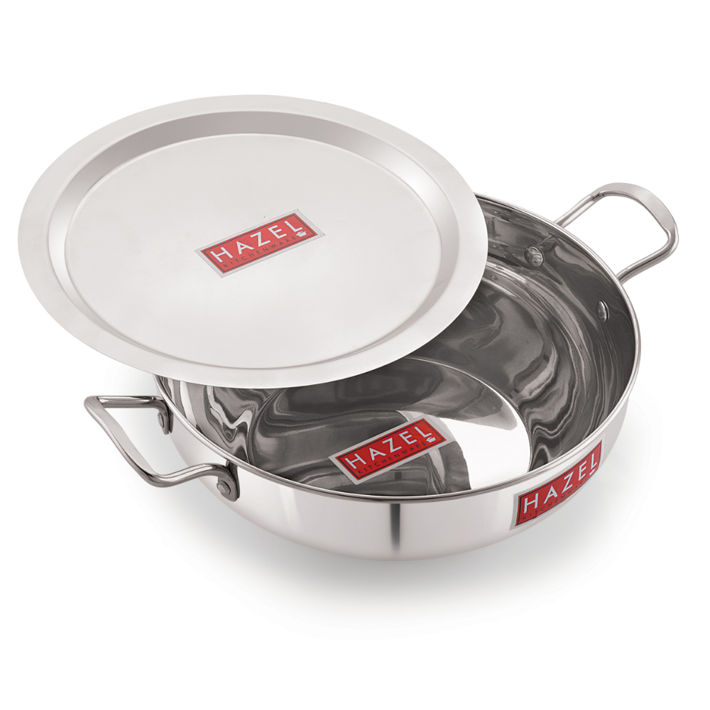 HAZEL Induction Base Kadai Kadhai | Stainless Steel Deep Karahi Induction Bottom Kadahi With Steel Lid Cover 30 cm Cookware Utensil, (Kadhai 28 cm, 4600 ml), Silver