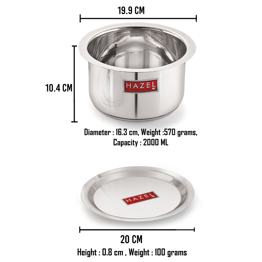 HAZEL Induction Base Tope Stainless Steel Induction Bottom Tope Thick Heavy Flat Base Patila Cookware With Steel Lid Cover 20 cm For Cooking (Tope Capacity 2 Litre), Silver