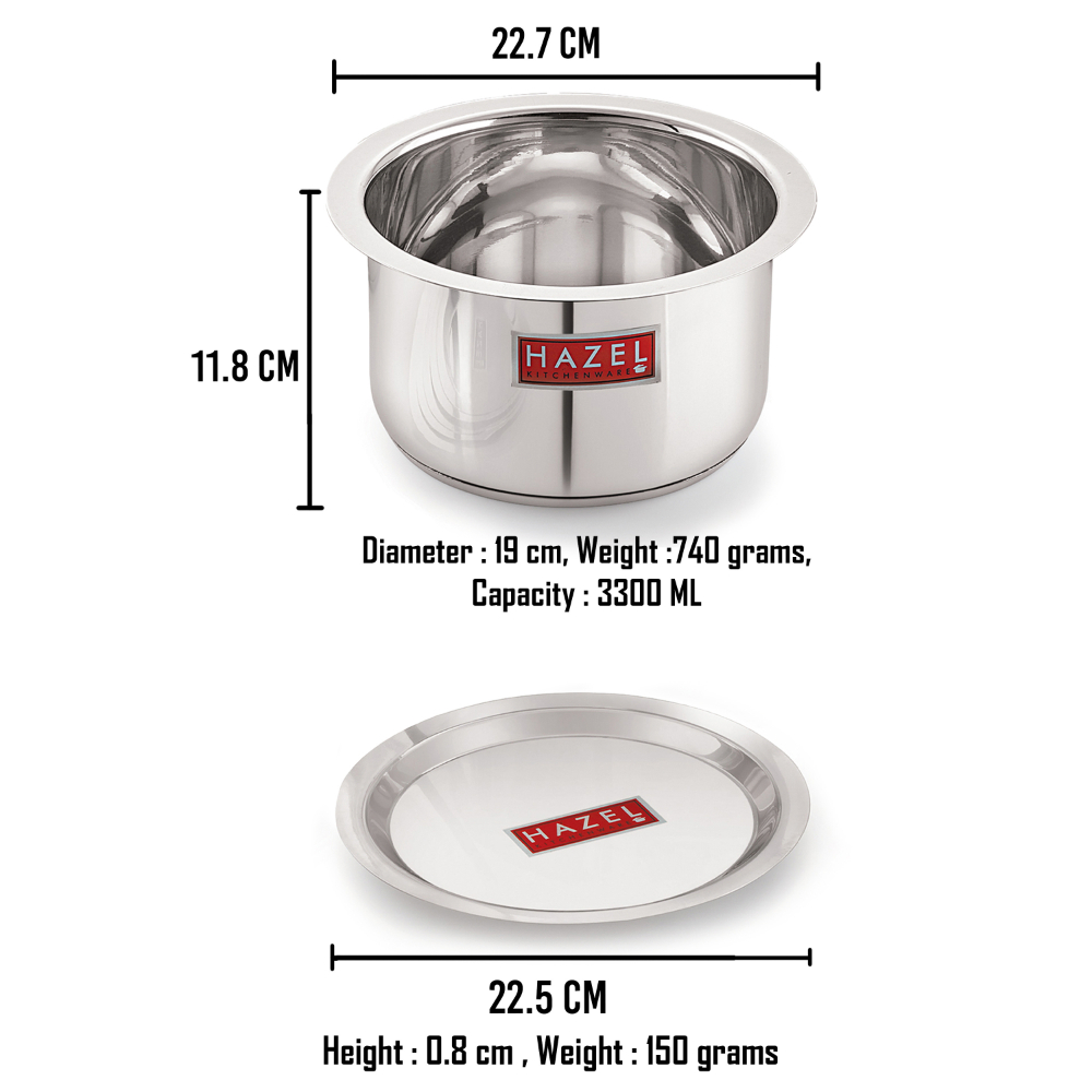 HAZEL Induction Base Tope Stainless Steel Induction Bottom Tope Thick Heavy Flat Base Patila Cookware With Steel Lid Cover 22.5 cm For Cooking (Tope Capacity 3300 ml), Silver