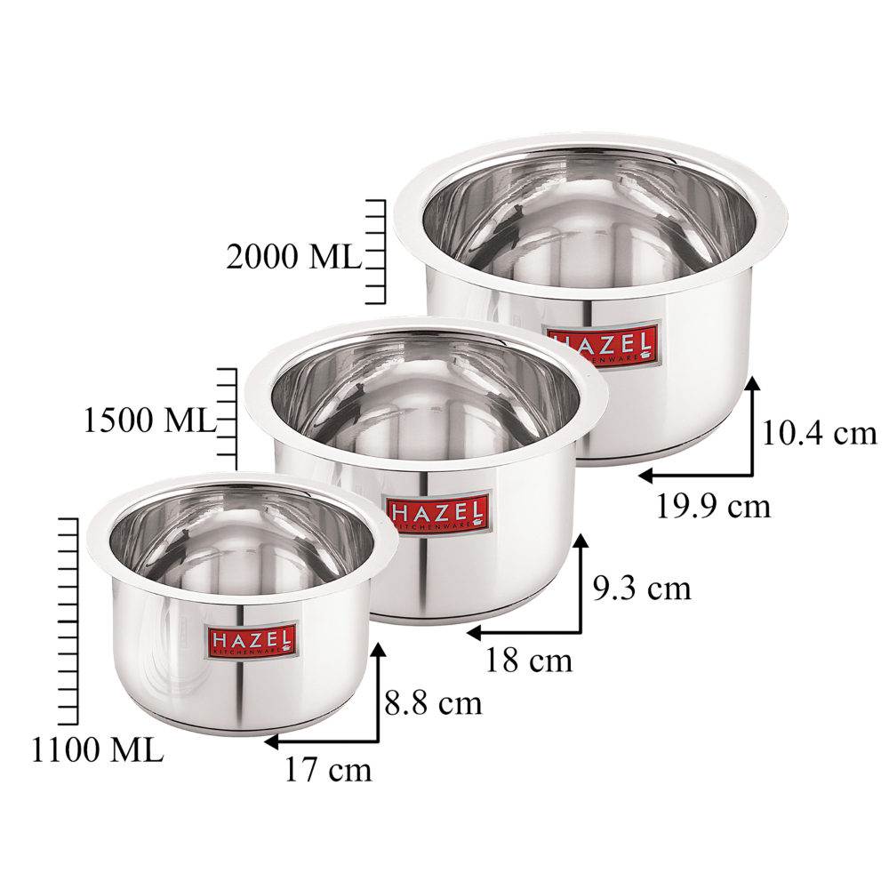 HAZEL Induction Base Tope Stainless Steel Heavy Base Thick Flat Bottom Patila Cookware With Steel Lids Cover Utensil For Kitchen ( 3 Topes & 3 Lids), 6 Pieces