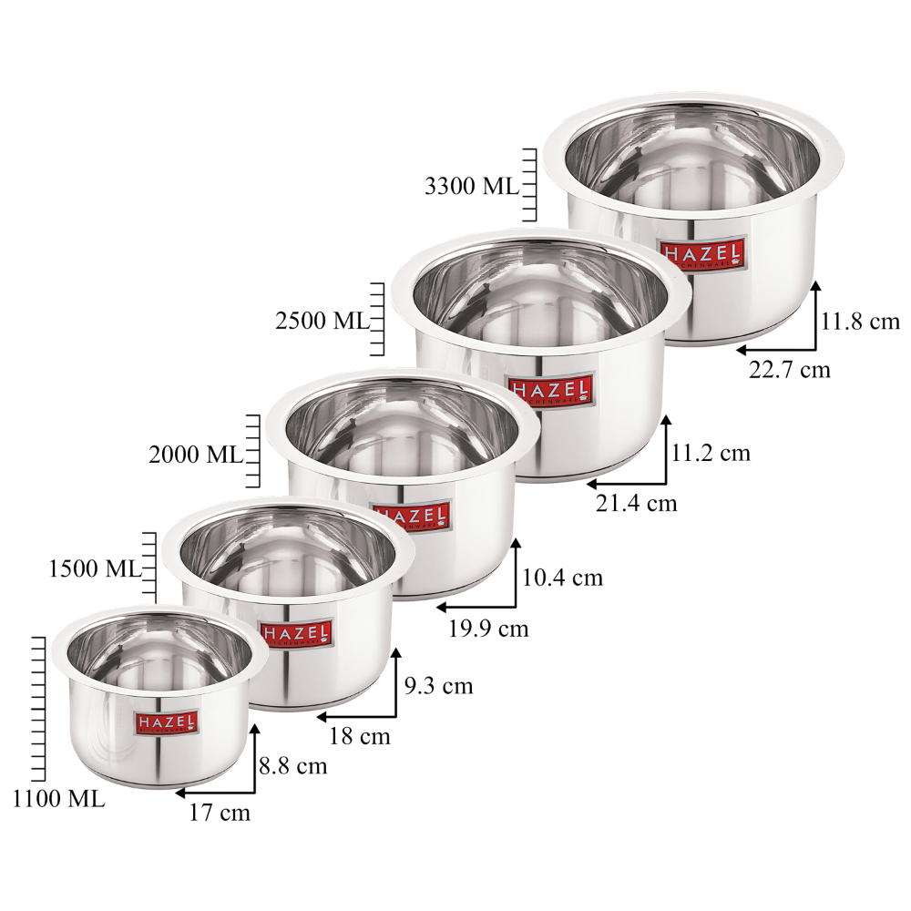 HAZEL Induction Base Tope Stainless Steel Heavy Base Thick Flat Bottom Patila Cookware With Steel Lids Cover Utensil For Kitchen ( 5 Topes & 5 Lids), 10 Pieces