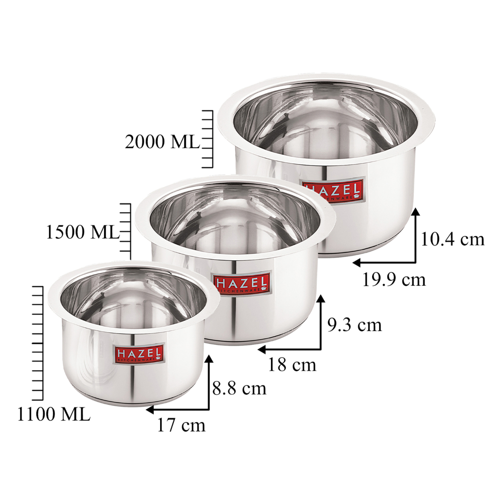 HAZEL Induction Base Tope Stainless Steel Heavy Base Thick Flat Bottom Patila Cookware Utensil For Kitchen, (1100 ml, 1500ml, 2000ml) Set of 3 Topes, Silver