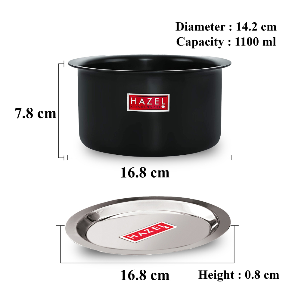 HAZEL Hard Anodised Aluminium Tope With Lid | Hard Anodised Cookware Boiling Tope Patila With Steel Lid Cover For Cooking (Tope Capacity 1100ml, Lid 16.8 cm), Black