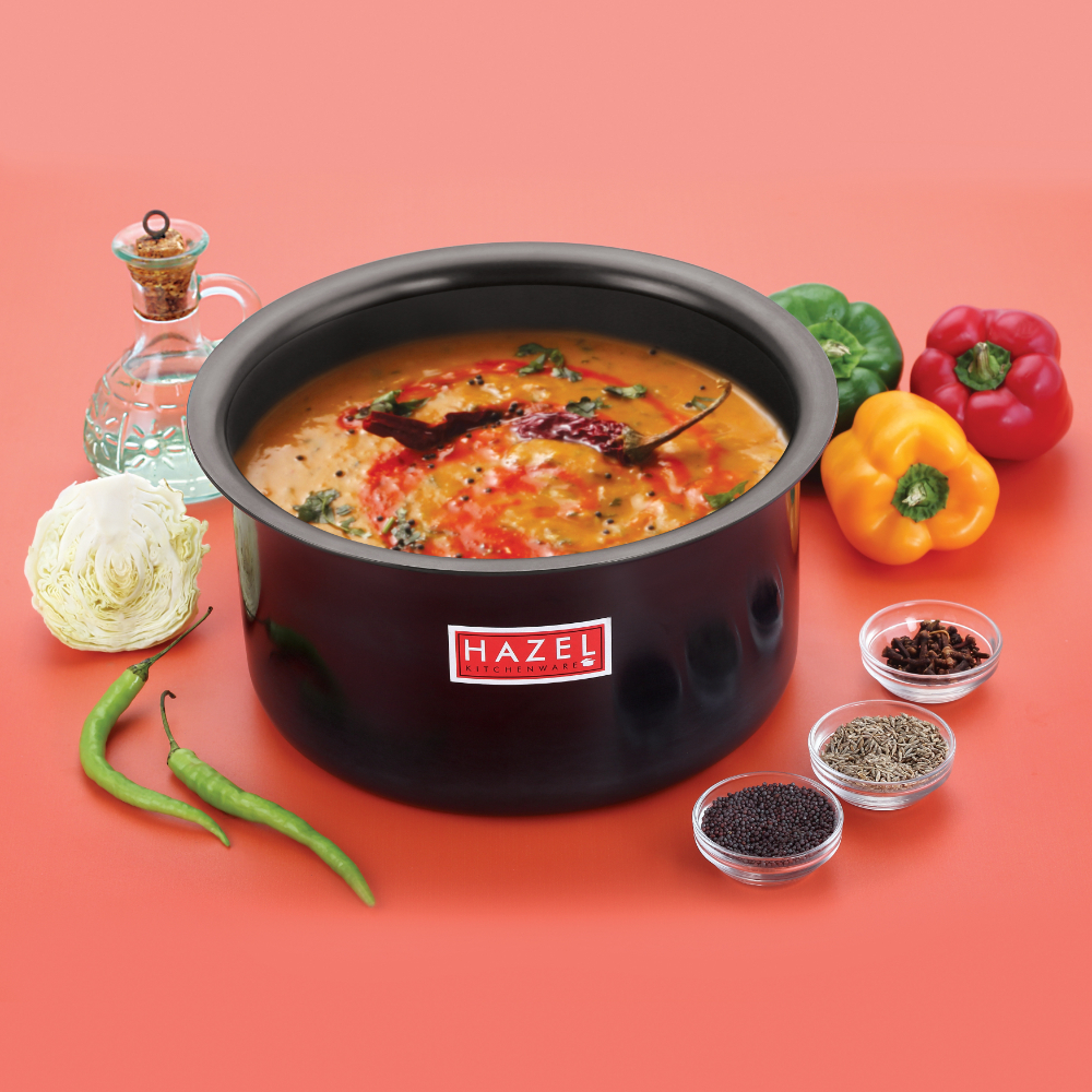 HAZEL Hard Anodised Aluminium Tope With Lid | Hard Anodised Cookware Boiling Tope Patila With Steel Lid Cover For Cooking (Tope Capacity 2400ml, Lid 21.1 cm), Black