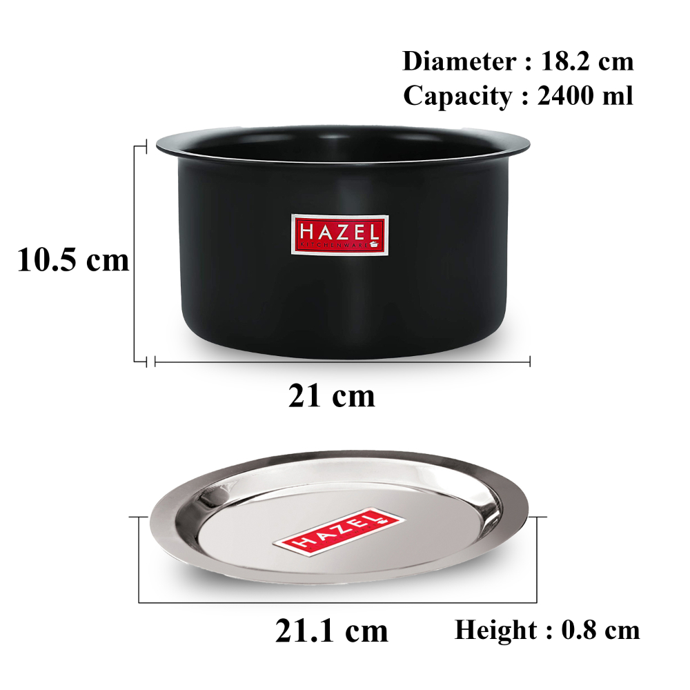 HAZEL Hard Anodised Aluminium Tope With Lid | Hard Anodised Cookware Boiling Tope Patila With Steel Lid Cover For Cooking (Tope Capacity 2400ml, Lid 21.1 cm), Black