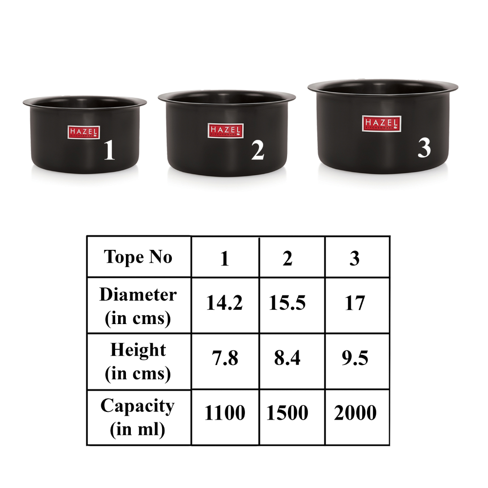 HAZEL Hard Anodised Aluminium Tope Set With Lid | Hard Anodised Cookware Set Of Boiling Tope Patila With Steel Lid Cover For Cooking ( 3 Topes & 3 Lids), 6 Pieces, Black