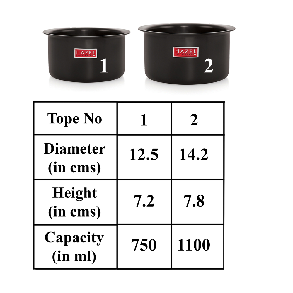 HAZEL Hard Anodised Aluminium Tope Set | Hard Anodised Cookware Set Of Boiling Tope Patila Bhagona For Cooking (750 ml, 1100ml) Set of 2 Topes, Black