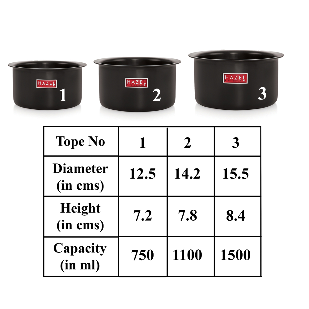 HAZEL Hard Anodised Aluminium Tope Set | Hard Anodised Cookware Set Of Boiling Tope Patila Bhagona For Cooking (750 ml, 1100ml, 1500ml) Set of 3 Topes, Black