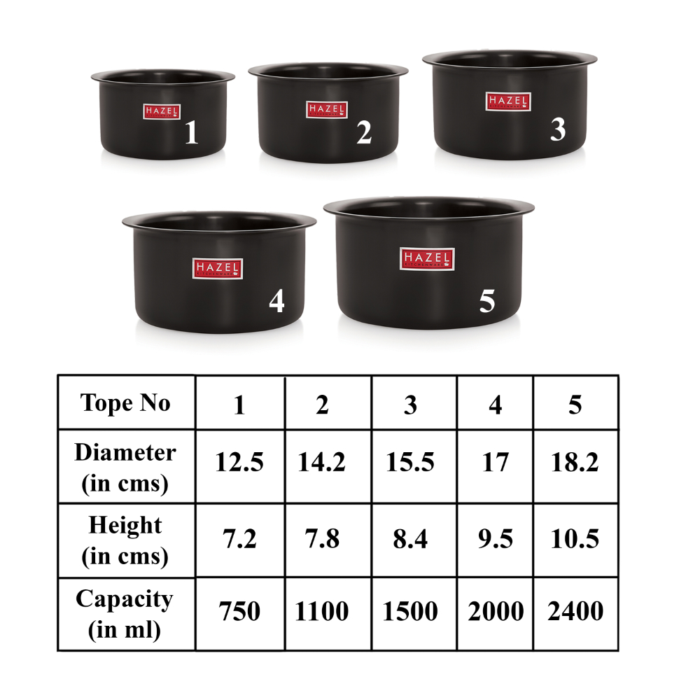 HAZEL Hard Anodised Aluminium Tope Set | Hard Anodised Cookware Set Of Boiling Tope Patila Bhagona For Cooking (750 ml to 2400ml) Set of 5 Topes, Black