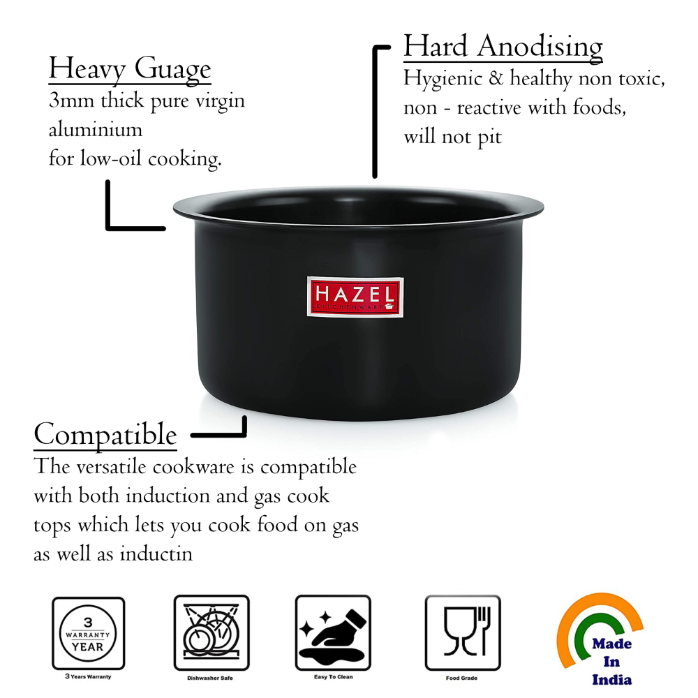 HAZEL Hard Anodized Aluminium Tope With Lid |  Induction Base Flat Bottom Cookware Boiling Tope Patila With Steel Lid Cover, 2200 ML, Black