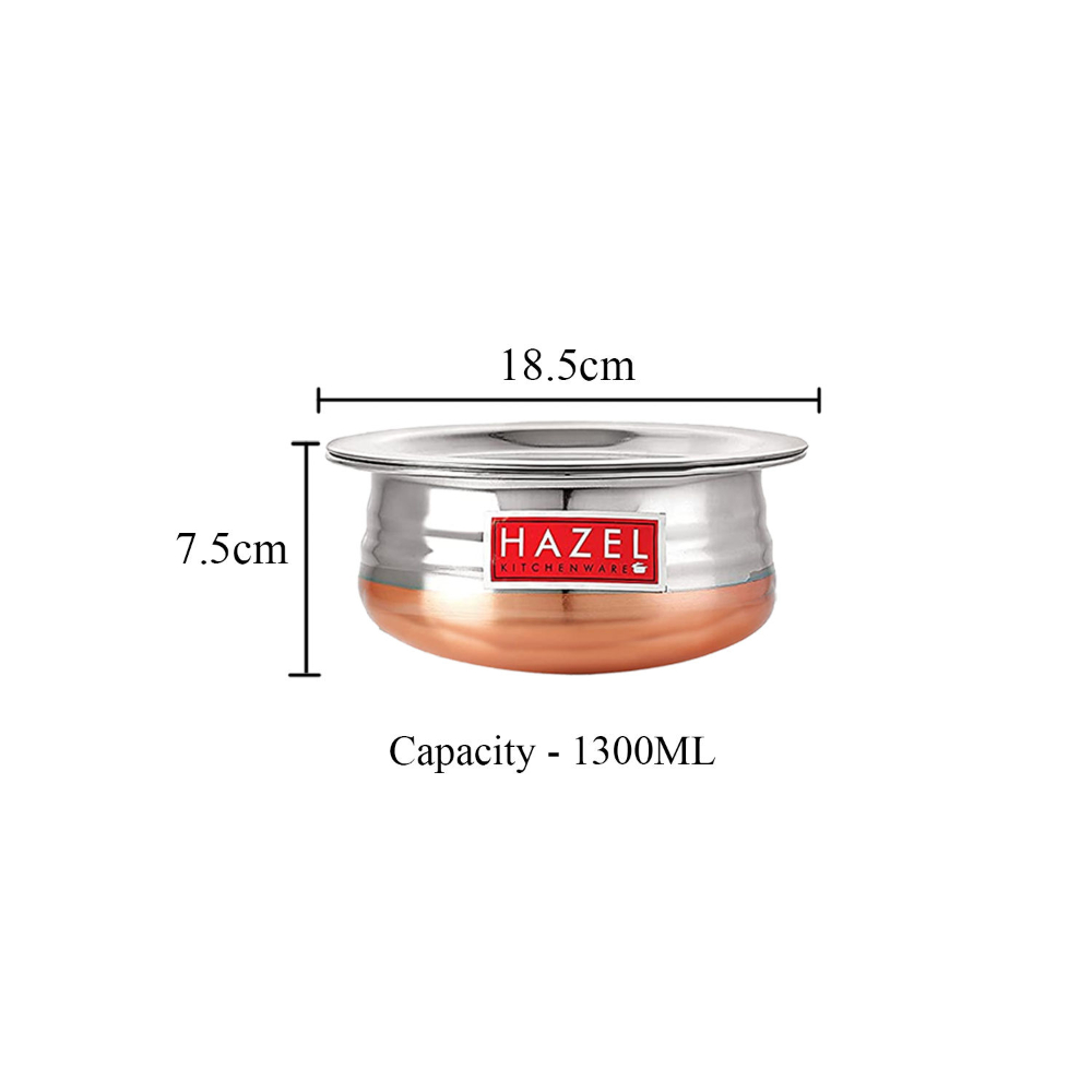 HAZEL Copper Bottom Uruli With Lid | Urli Vessel Cooking Stainless Steel |  Serving Tope Handi | Kitchen Items For Home Cooking, 1300 ML