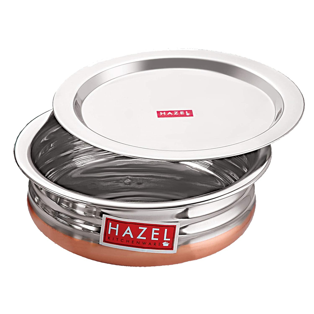 HAZEL Copper Bottom Uruli With Lid | Urli Vessel Cooking Stainless Steel |  Serving Tope Handi | Kitchen Items For Home Cooking, 1300 ML