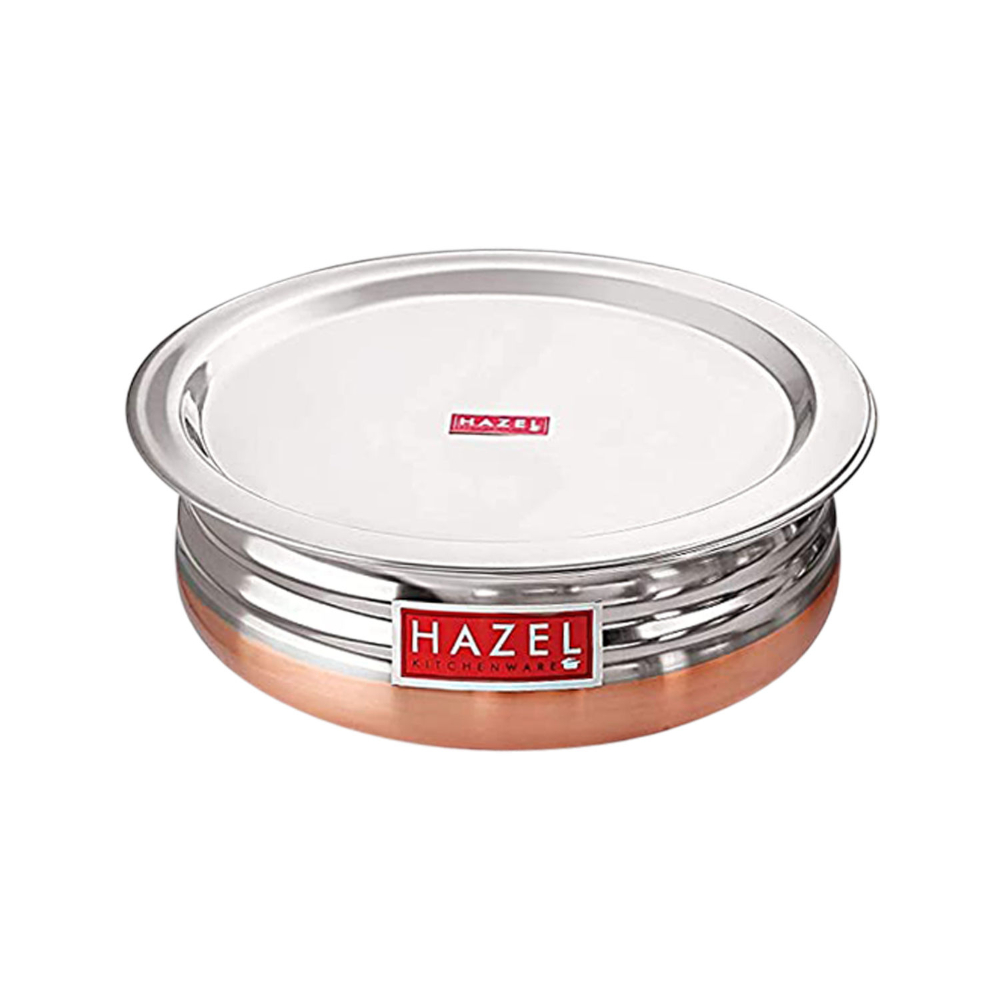 HAZEL Copper Bottom Uruli With Lid | Urli Vessel Cooking Stainless Steel |  Serving Tope Handi | Kitchen Items For Home Cooking, 1700 ML