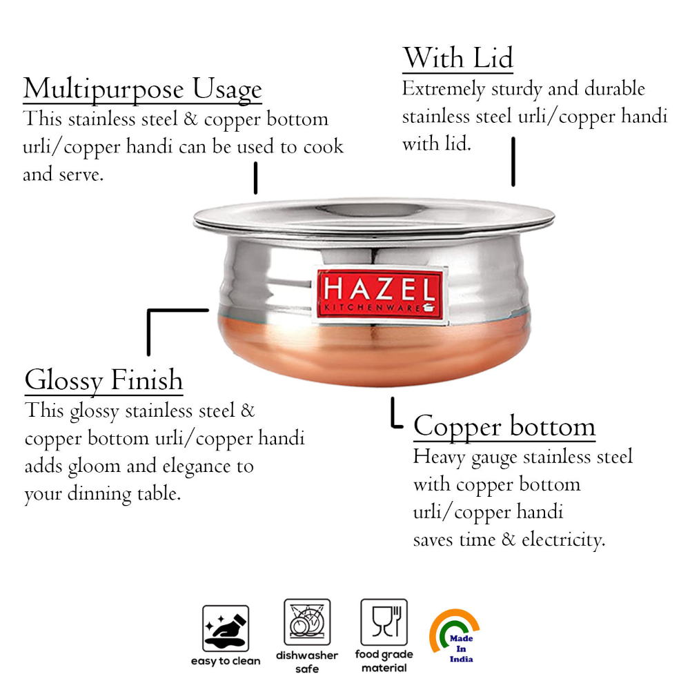 HAZEL Copper Bottom Uruli With Lid | Urli Vessel Cooking Stainless Steel |  Serving Tope Handi | Kitchen Items For Home Cooking, 1700 ML