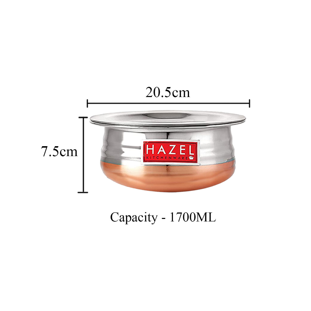 HAZEL Copper Bottom Uruli With Lid | Urli Vessel Cooking Stainless Steel |  Serving Tope Handi | Kitchen Items For Home Cooking, 1700 ML