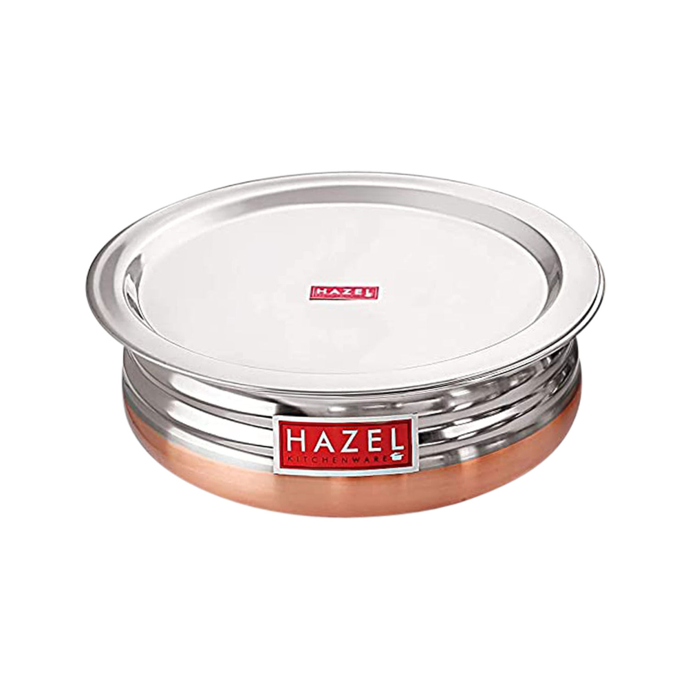 HAZEL Copper Bottom Uruli With Lid | Urli Vessel Cooking Stainless Steel |  Serving Tope Handi | Kitchen Items For Home Cooking, 2100 ML